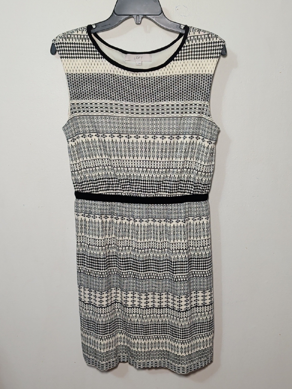 LOFT Black + Cream Patterned Cap-Sleeve Blouson Dress Women's Size M